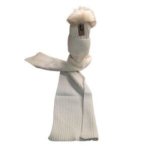 Ribbed Knit Winter Set With Faux Fur Pom Beanie & Scarf In Ivory or Grey